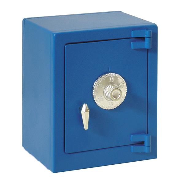 Hucha infantil con combinacion y manivela de apertura. Color azul.